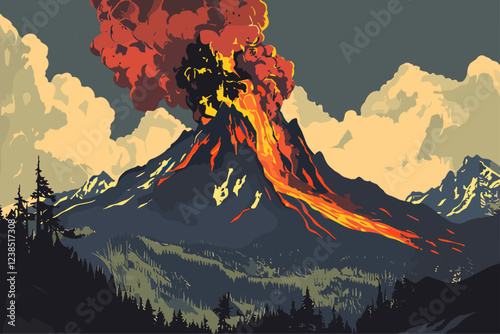 Erupting volcano background. Vintage travel poster. Mountains forests and exploding hot burning lava flow smoke. Nature disaster. Cartoon and style vector illustration