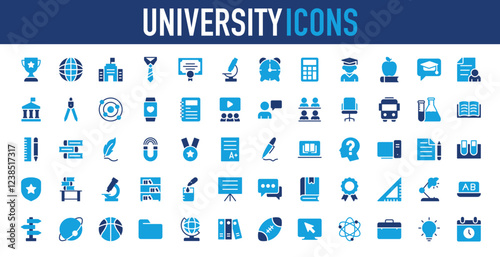 Set of University icon. Winner, Document, Doubt, Globe, Conversation, Online Education, Nuclear, Campus, Medal, Sign, Flask, Result, Light Bulb, Reading, Compass, Desk Lamp vector. 