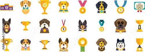 Collection of champion dogs wearing medals and winning trophies at a dog show competition