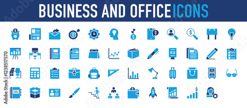 Set of Business and Office icon. Checklist, Going Up, Identification, Cargo, Document, Schedule, Profit, Parcel, Pen, Advertising Stand, Dem File, Pencil, Checklist, Table vector. 