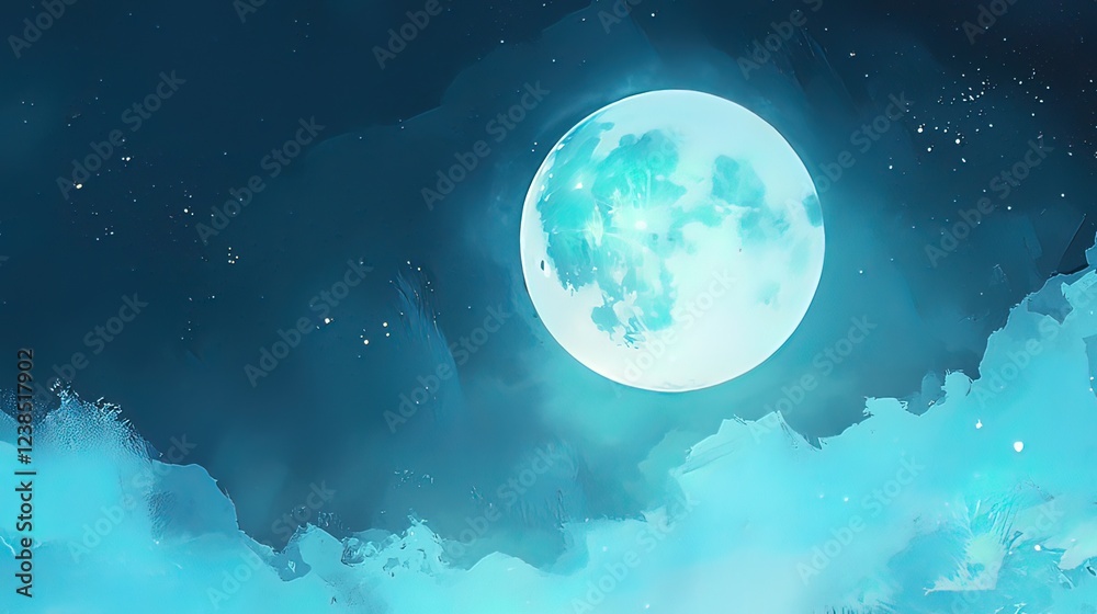 Fototapeta premium Full turquoise moon shining brightly in night sky, surrounded by clouds and stars.