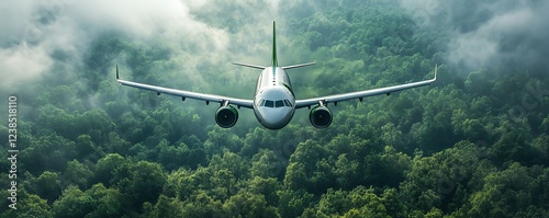 Innovative green aviation fuel fueling a modern jet, symbolizing a sustainable air travel future, lush green landscapes, and environmental protection themes, stunning details