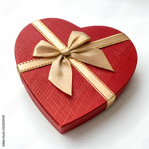 Elegant red heart shaped gift box with golden ribbon bow love wrap tied satin luxury design present photo