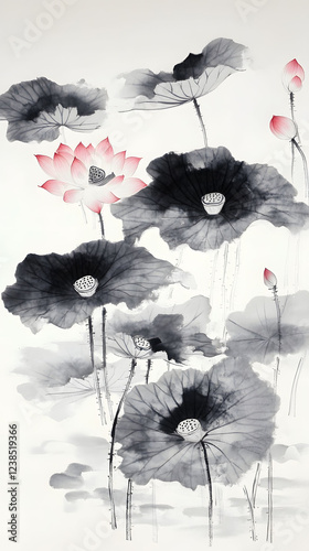 Serene Lotus Blossom: An Ink Wash Painting photo