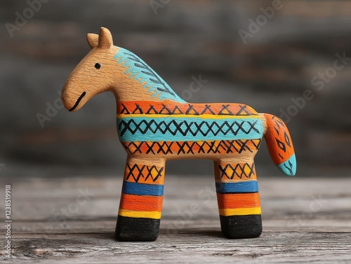 A colorful, handcrafted horse figurine with intricate patterns, showcasing vibrant colors and artistic design, set against a rustic wooden background. photo