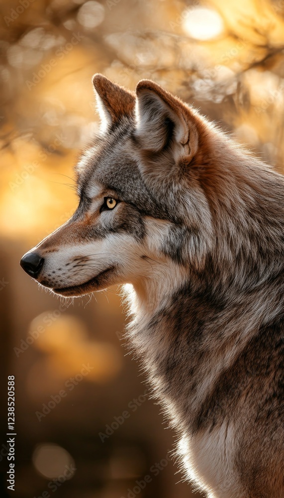 Obraz premium Serene profile portrait of a wolf soft light and intricate fur patterns evoke nature s connection
