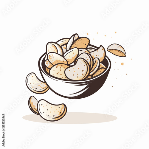 Crispy potato chips flying from bowl, snack time delight