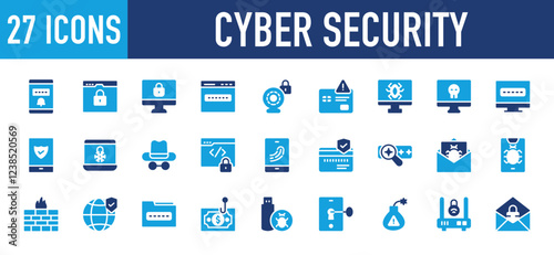Set of 27 Cyber Security icon. Danger, Hacker, Protection, Currency, Lock, Cybercrime, Security, Agent, Fingerprint Scanner, Detective, Malware, Firewall, Data Storage, Usb Drive illustration. 
