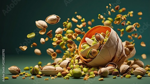A creative representation of a pistachio breaking apart, with nuts and shells actively dispersing on an orange background, signifying speed and energy