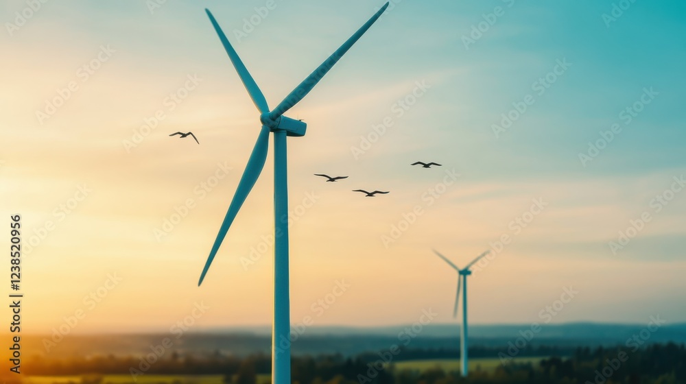 Fototapeta premium Wind Turbine Spinning with Birds Flying Around Symbolizing Harmony Between Clean Energy and Nature Conservation in a Sunset Background