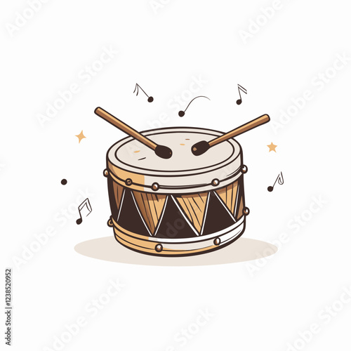 Illustrative drum playing with sticks and musical notes, celebration