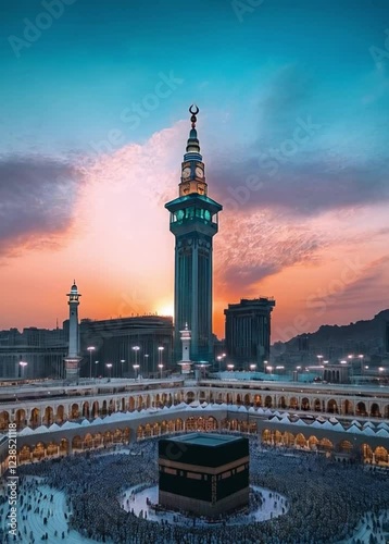 Sunset over a grand mosque at twilight. Tall, slender minaret dominates the scene, with a vibrant orange and purple sky. The central courtyard is filled with people, creating a sense of community and