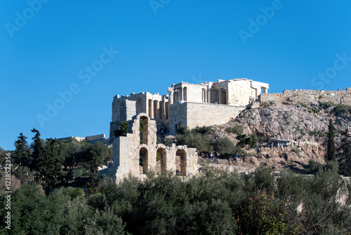 Athens, Greece. Acropolis propylaea gate and Herodeion remains, view from Philopappos Hill. photo