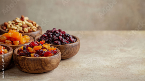 Colorful dried fruits and nuts in wooden bowls create vibrant display. rich textures and hues evoke sense of warmth and natural beauty, perfect for healthy snacking photo