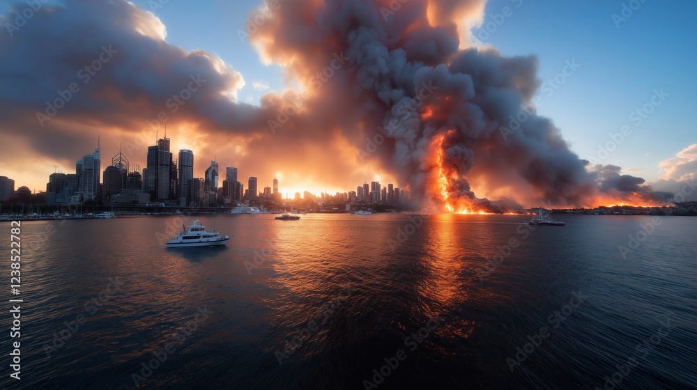 Obraz premium Dramatic sunset illuminates towering smoke and flames along the city skyline reflecting on tranquil water. Generative AI