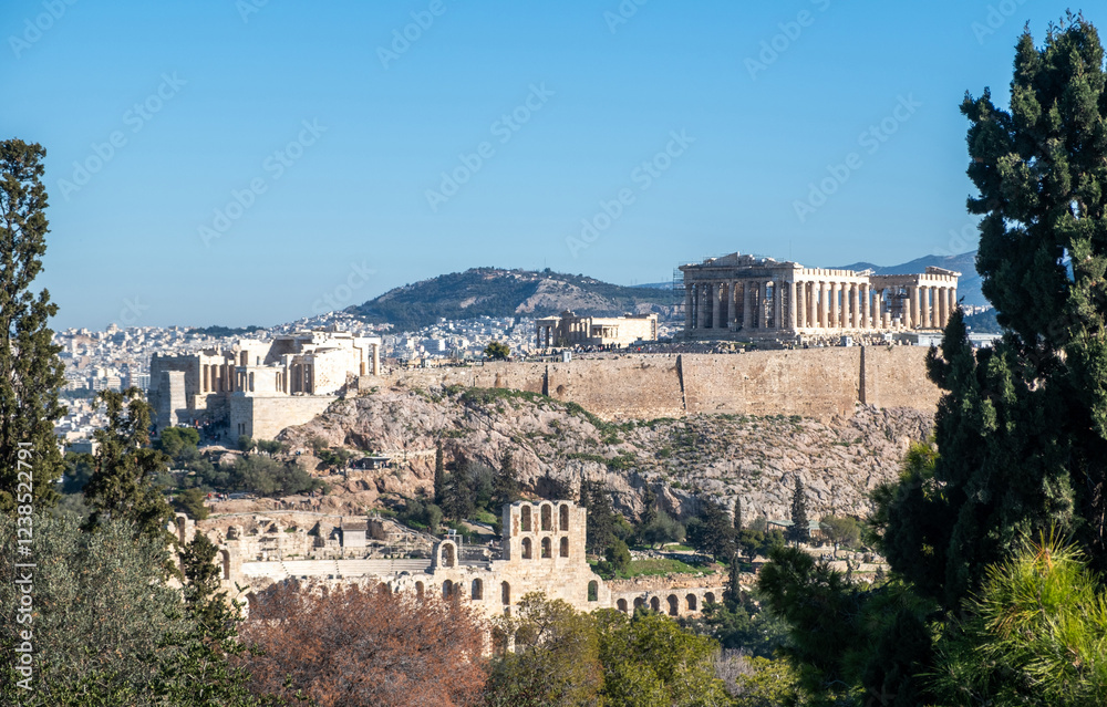 Fototapeta premium Athens, Greece. Parthenon and Propylaea, Acropolis hill and Herodeion. View from Philopappos hill