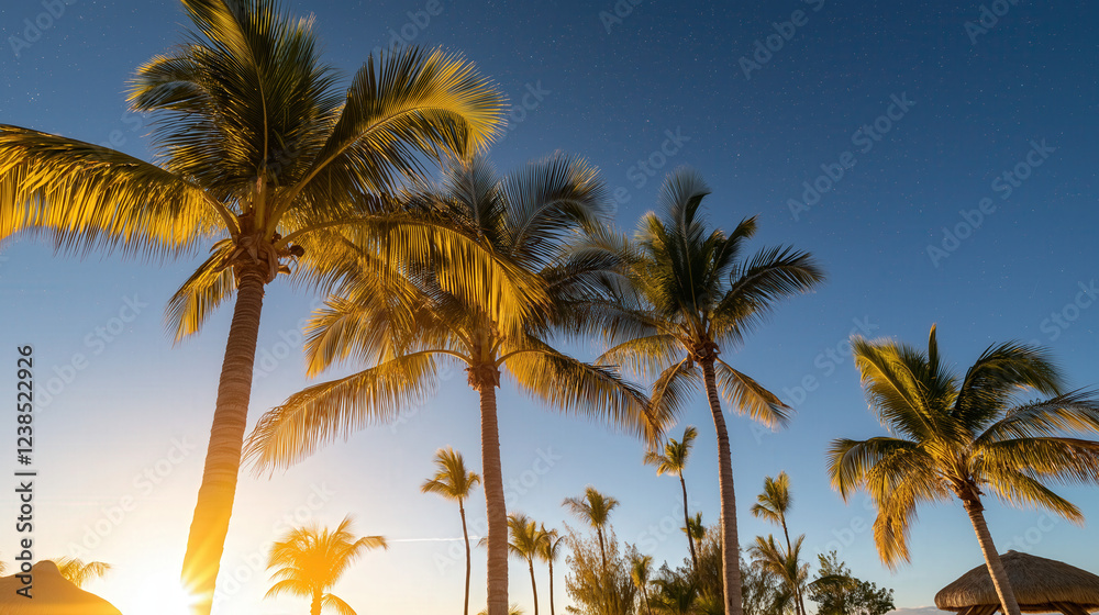 Obraz premium Tall palm trees create dramatic silhouettes against a colorful sunset, evoking a sense of escape and adventure. The warm glow invites relaxation at a perfect beach destination
