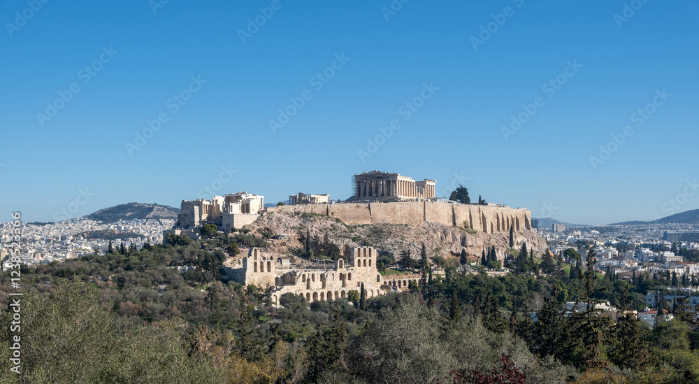 Fototapeta premium Athens, Greece. Parthenon and Propylaea, Acropolis hill and Herodeion. View from Philopappos hill