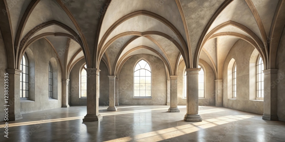 Sunlit Hallway with Arched Ceilings and Stone Pillars Sunlit Hallway with Arched Ceilings and Stone Pillars