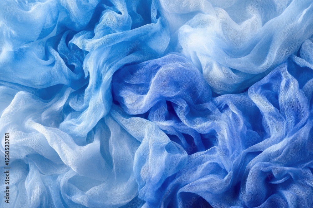 Fototapeta premium Draped blue chiffon fabric with ombre effect, showcasing soft texture and elegant folds.