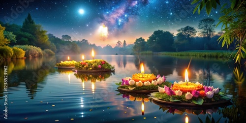 A serene night scene with a floating krathong flower adorned with candles and flowers on a river or lake, surrounded by lush greenery and twinkling stars , water, riverscape photo