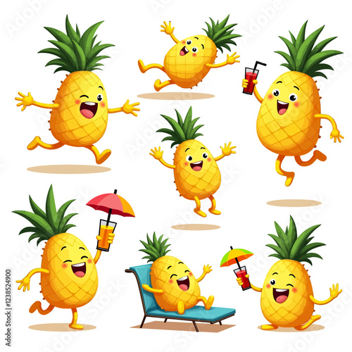 Set of cute and funny pineapple characters with happy faces, running, jumping, pointing, drinking cocktails, cartoon vector illustration isolated on white background. Pineapple characters, mascots