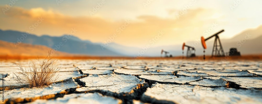 custom made wallpaper toronto digitalClimate change global warming concept. A vast landscape of cracked earth and oil pumps under a colorful sunset sky.