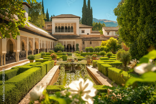 A beautiful garden with a fountain and a white house photo