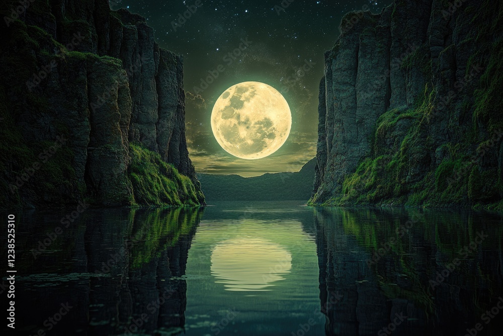 Fototapeta premium A serene night scene with a massive full moon rising between two moss-covered cliffs reflecting in still water.