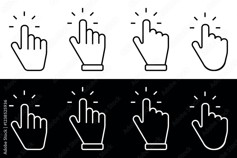 Fototapeta premium Click hand Cursor Icons in different styles. Vector illustration isolated on black and white background.