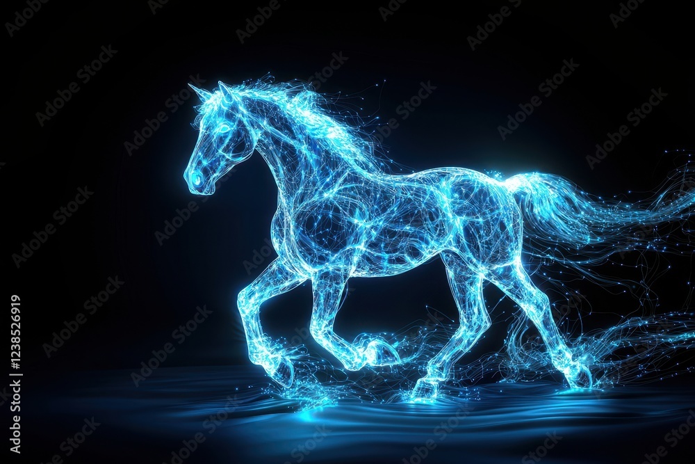 A glowing, digital representation of a horse galloping, surrounded by shimmering blue light effects against a dark background. A glowing, digital representation of a horse galloping, surrounded by shimmering blue light effects against a dark background.