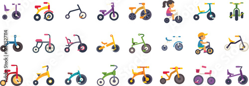 Colorful tricycles showcase different models and designs for children, promoting outdoor play and fun