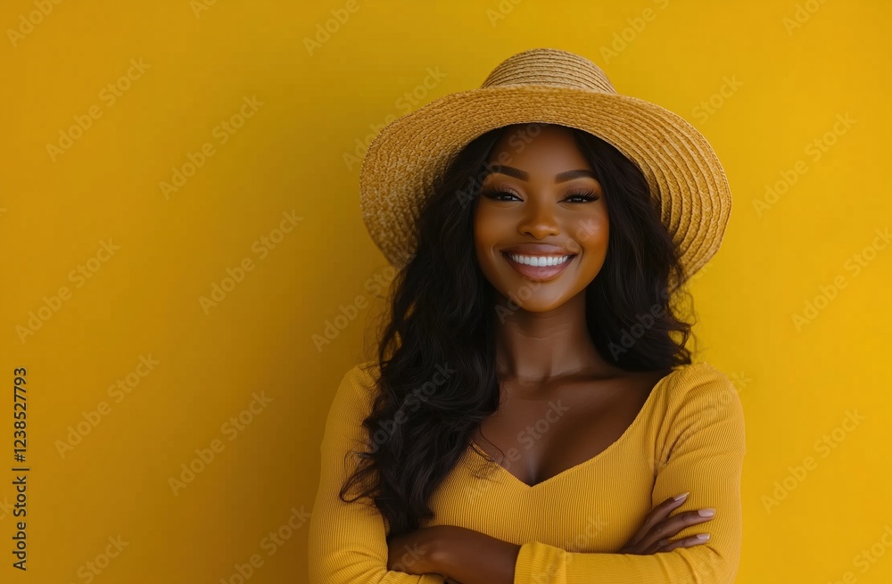 Bright summer vibes captured in this stunning image of a smiling woman in a stylish hat, set against a vibrant yellow background that radiates joy, creating a feelgood atmosphere Bright summer vibes captured in this stunning image of a smiling woman in a stylish hat, set against a vibrant yellow background that radiates joy, creating a feelgood atmosphere