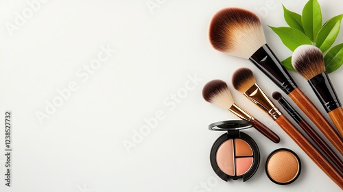 Top view collection set, Professional makeup artist tool set, top view, Cosmetic tools arranged creatively on a backdrop.