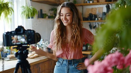 Fröhliche Vloggerin dreht Video in gemütlicher Küche – Kreativer Content für Social Media
 photo