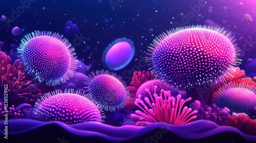 Vibrant underwater coral and sea anemones in luminescent ocean scene photo