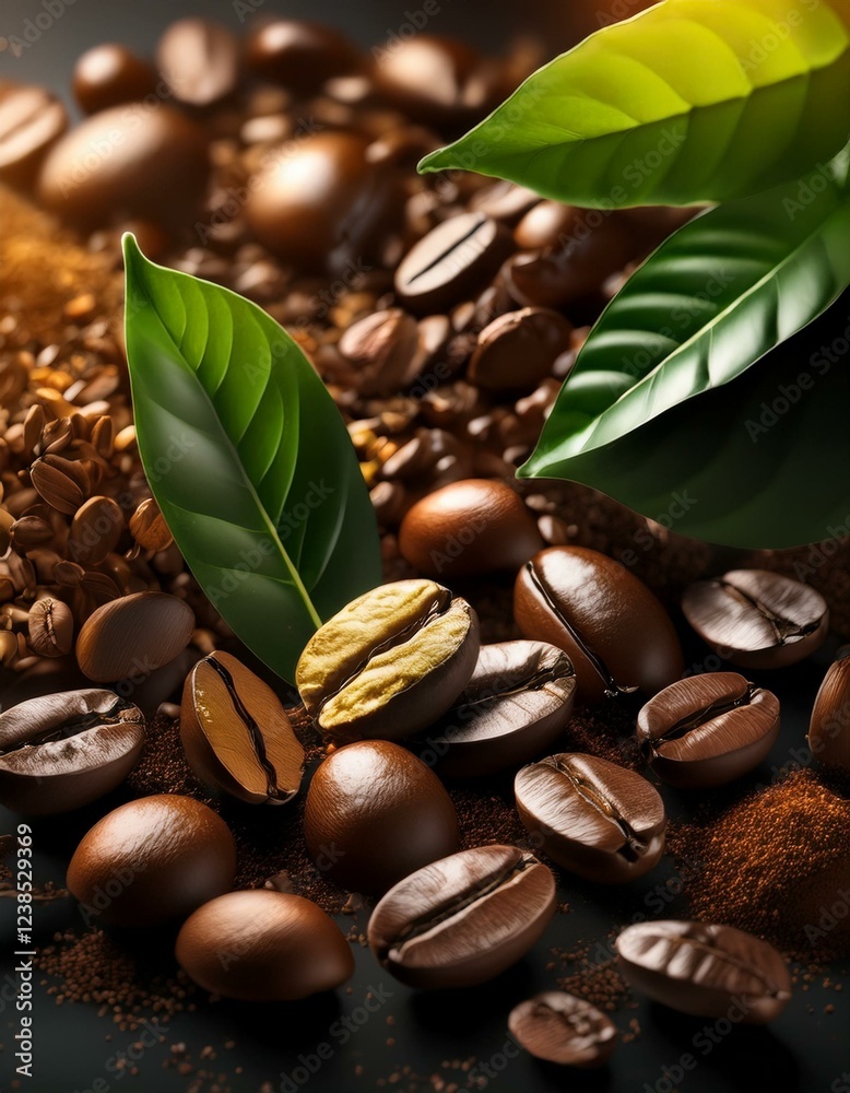Obraz premium una mezcla de granos de cafe tostados con hojas de té e infusión