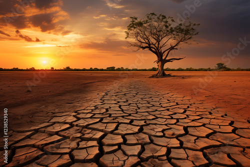 Drought climate change ecology solitude concept - dry dead tree in desert with a dry, cracked ground on sunset. The tree is the only sign of life in the barren landscape photo