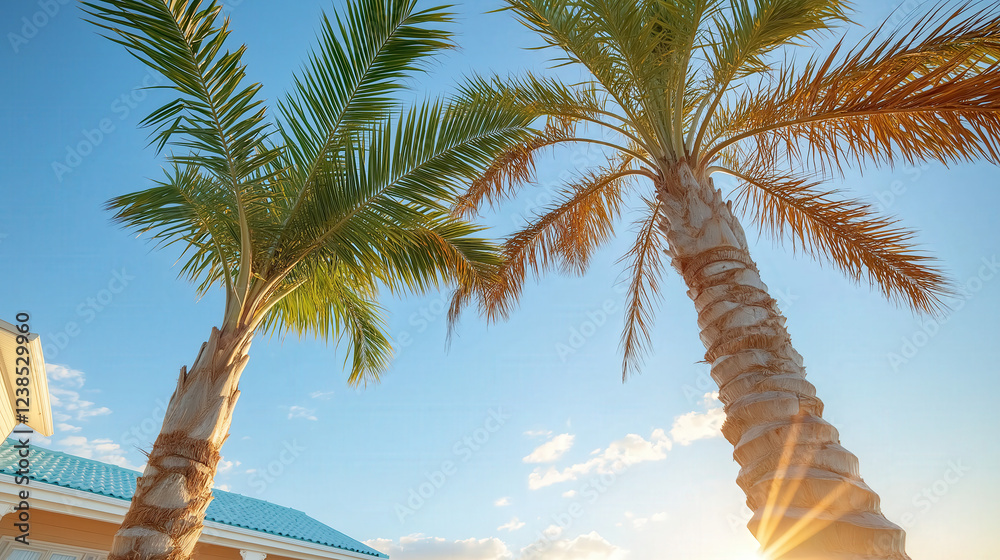 Fototapeta premium Towering palm trees stretch skyward against a brilliant blue sky, illuminated by the golden rays of the sun. This serene tropical setting invites relaxation and a sense of freedom