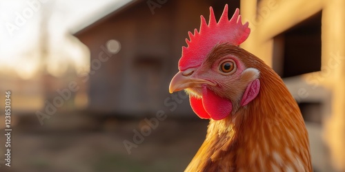 A close-up portrait of a proud hen standing in a rustic farmyard