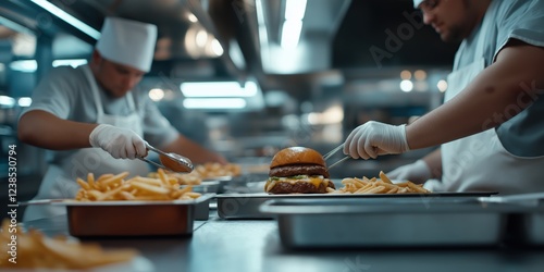 Two fast-food employees working side by side, flipping burgers and frying French fries, teamwork in motion