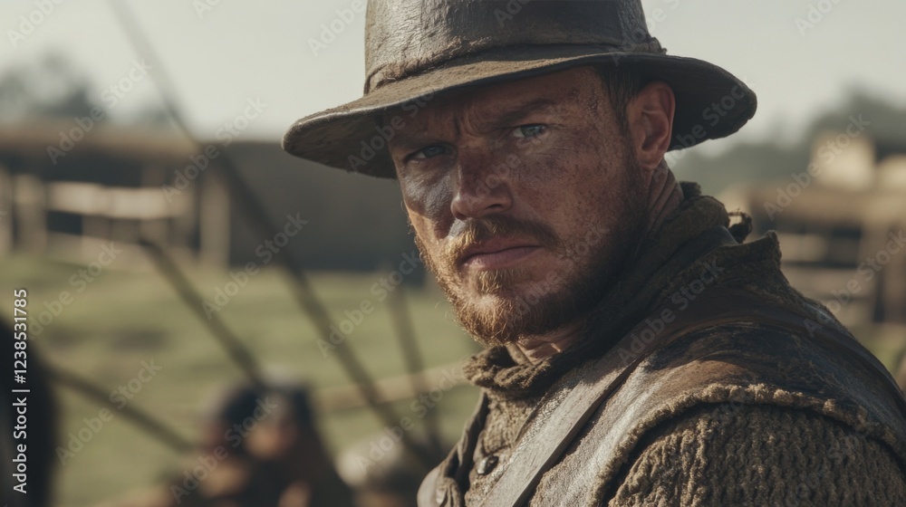 Obraz premium Man in historical clothing, serious gaze, village background, historical drama scene