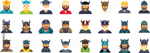 Diverse collection of viking avatars showcasing various horned helmets and beards, representing scandinavian warriors in a stylized manner