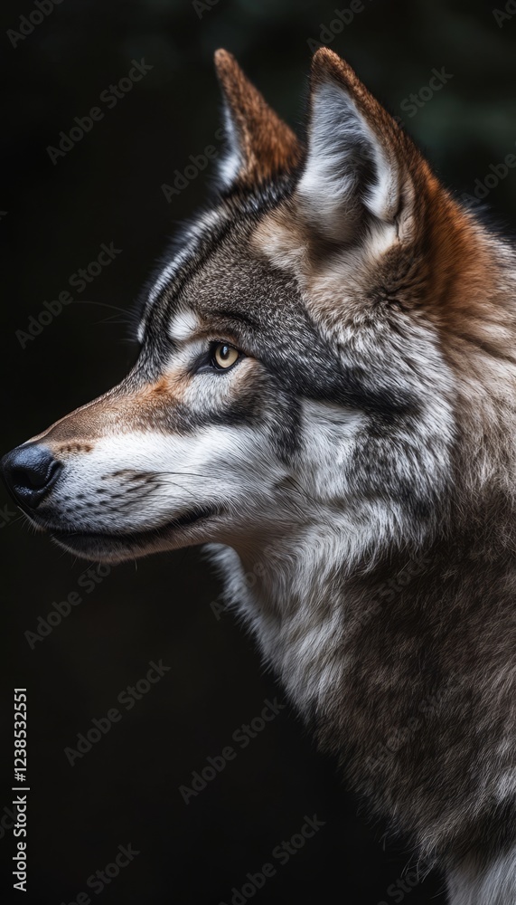 Obraz premium Serene profile portrait of a wolf illuminated by soft light, showcasing its intricate fur patterns