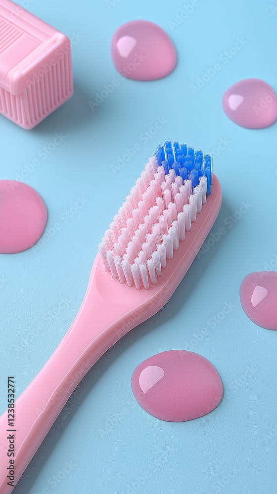 Close-Up of a Pink Toothbrush with Blue Bristles Surrounded by Pink Gel Drops on a Light Blue Background Close-Up of a Pink Toothbrush with Blue Bristles Surrounded by Pink Gel Drops on a Light Blue Background