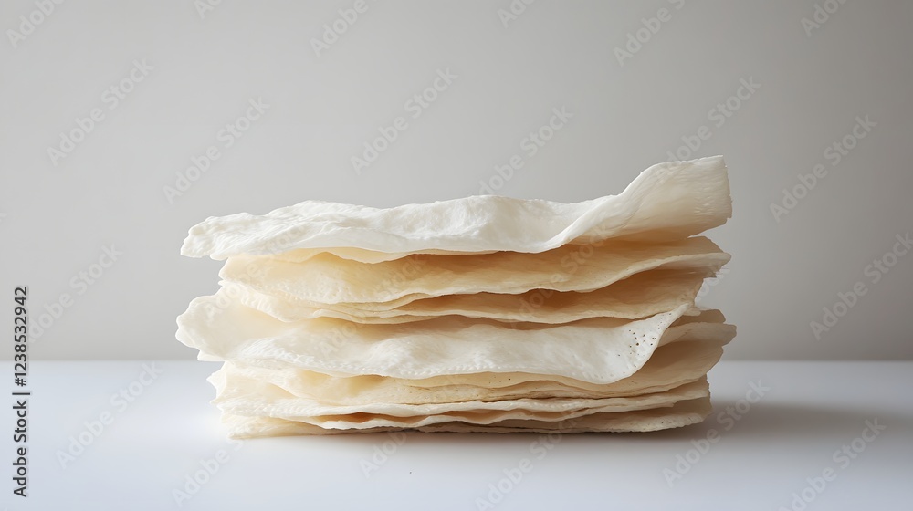 A stack of thin, delicate, round flatbreads, subtly textured, rests on a white surface. A stack of thin, delicate, round flatbreads, subtly textured, rests on a white surface.