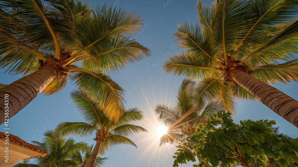 Feel the warmth of the sun as golden rays filter through tall palm trees, creating a tranquil ambiance perfect for a peaceful vacation at a beautiful beach location Feel the warmth of the sun as golden rays filter through tall palm trees, creating a tranquil ambiance perfect for a peaceful vacation at a beautiful beach location