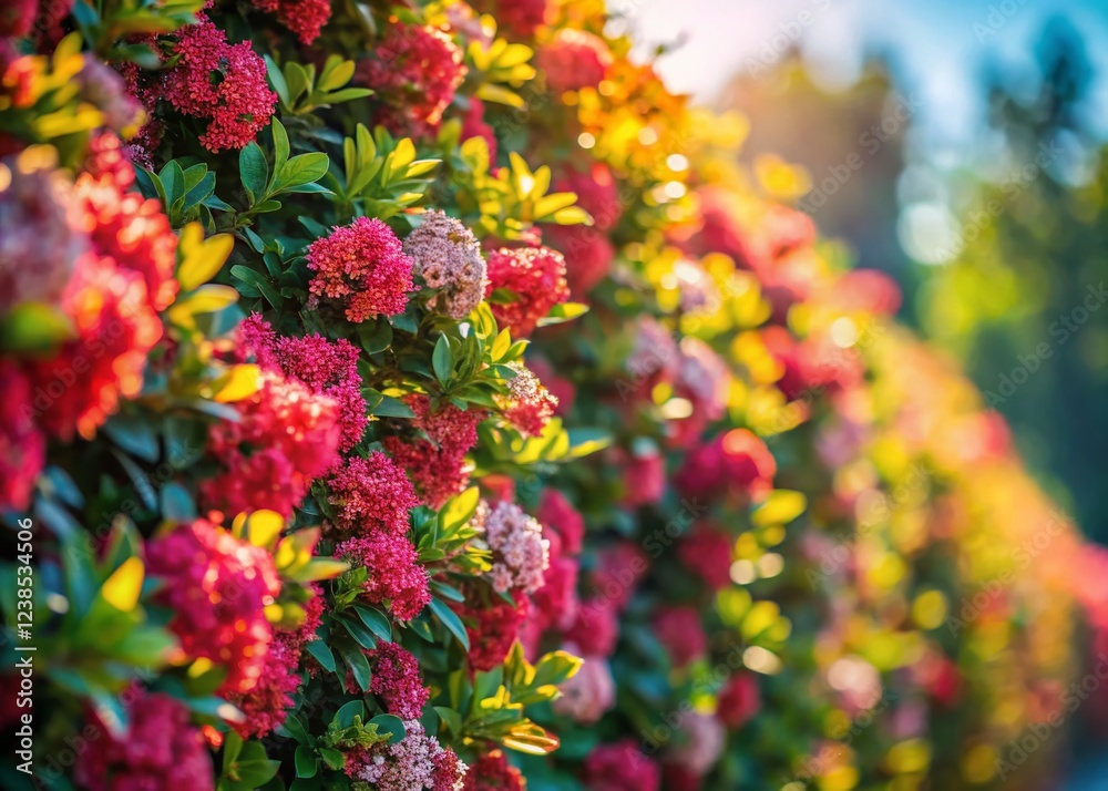 Close-up Blooming Hedge Sunny Day - Lush Green Spring Flowers Close-up Blooming Hedge Sunny Day - Lush Green Spring Flowers