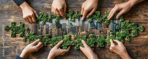 Hands joining together puzzle pieces, green city skyline with renewable energy and green spaces, symbolizing the collective effort in building sustainable urban communities