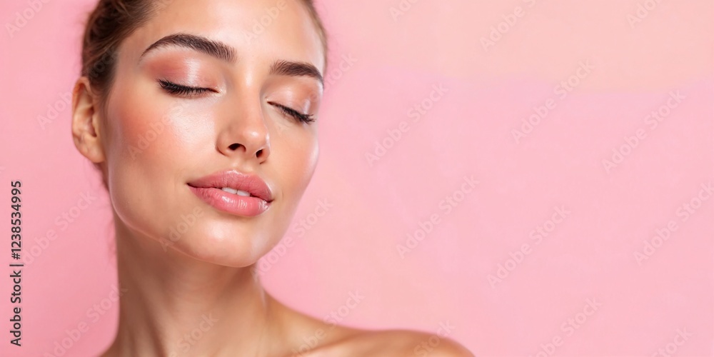 Fototapeta premium Close up portrait of a beautiful young woman with perfect skin enjoying a moment of relaxation
